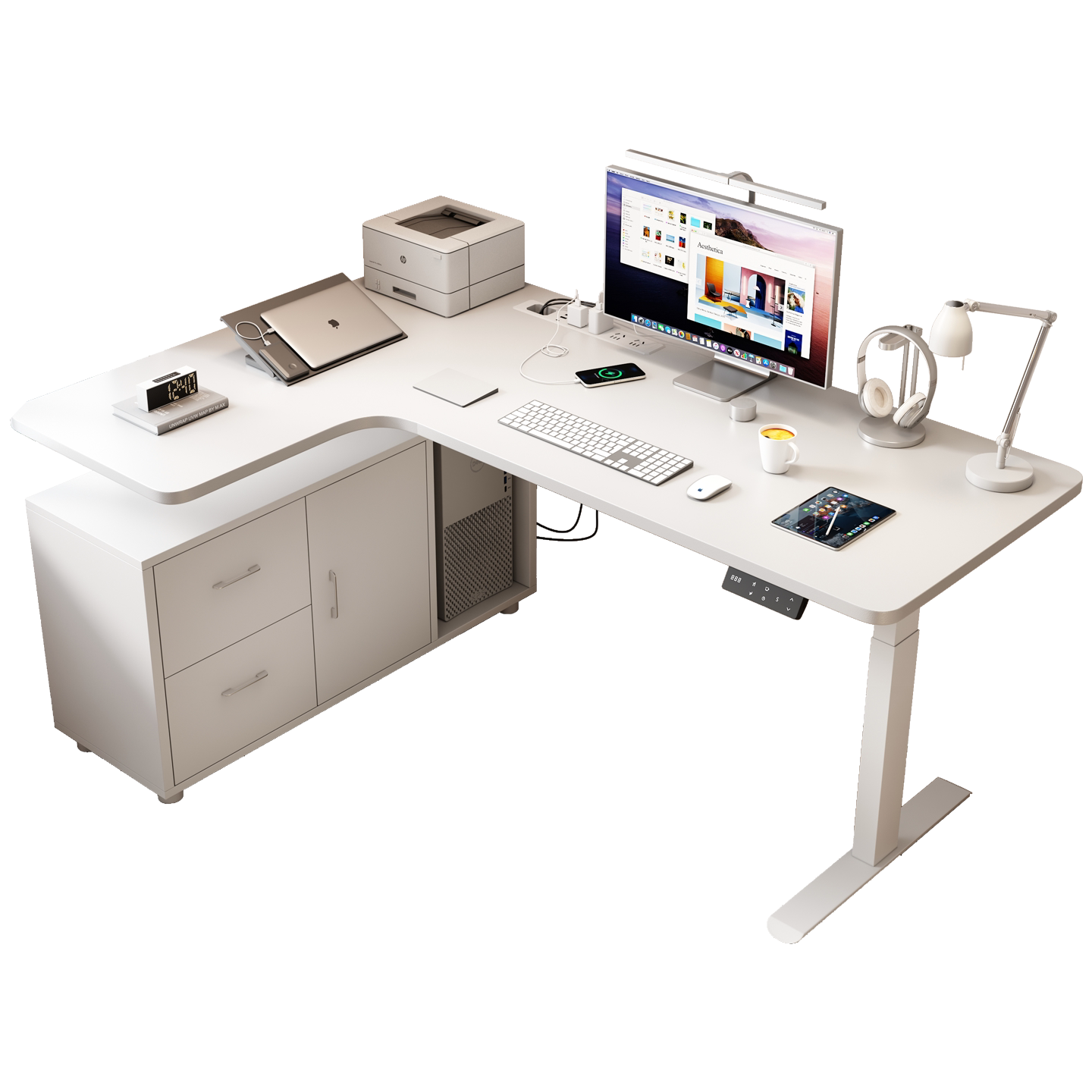 Solid wood desktop with left-return L-shaped standing desk