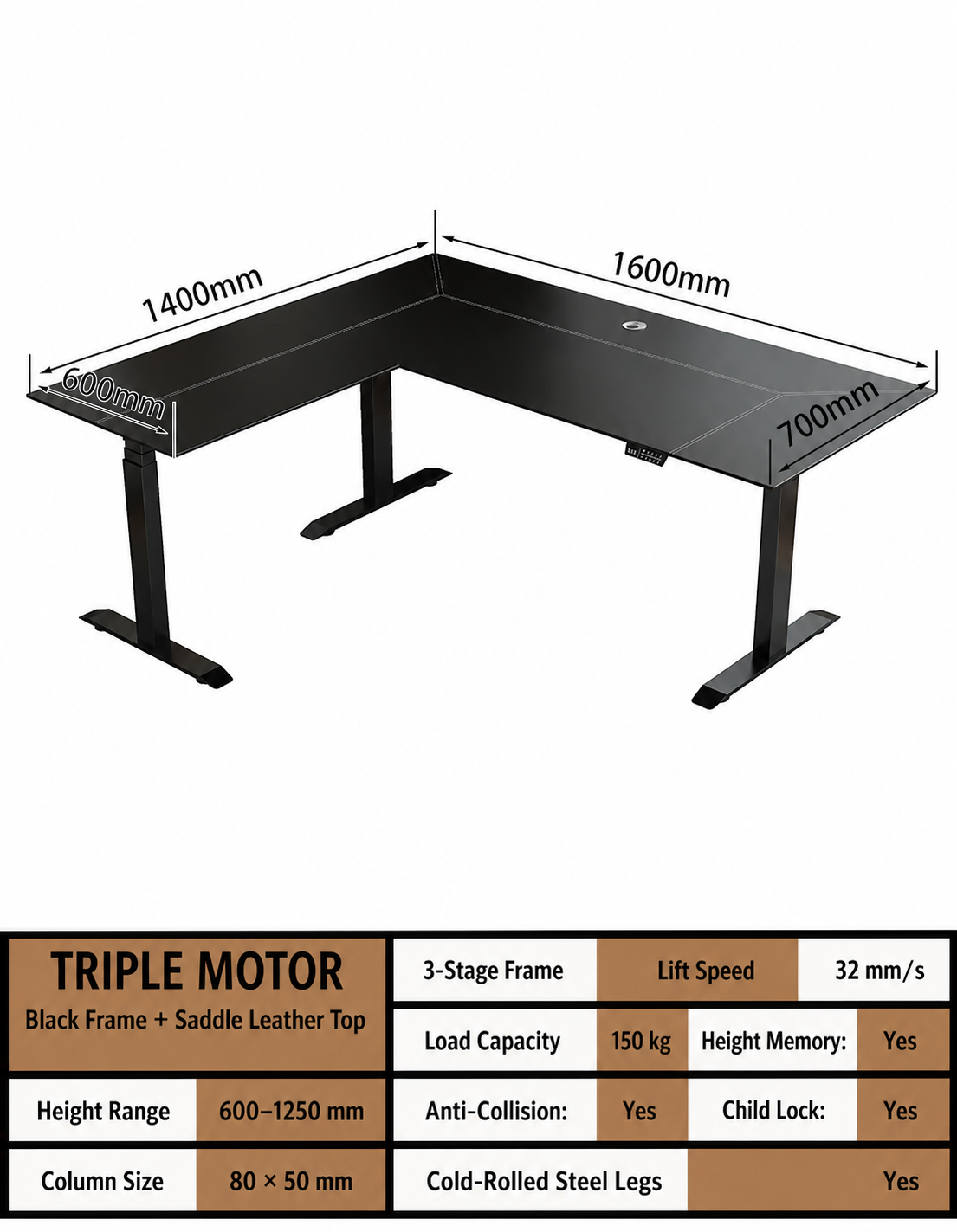 Left return 160 x 140 cm saddle leather L-shaped standing desk