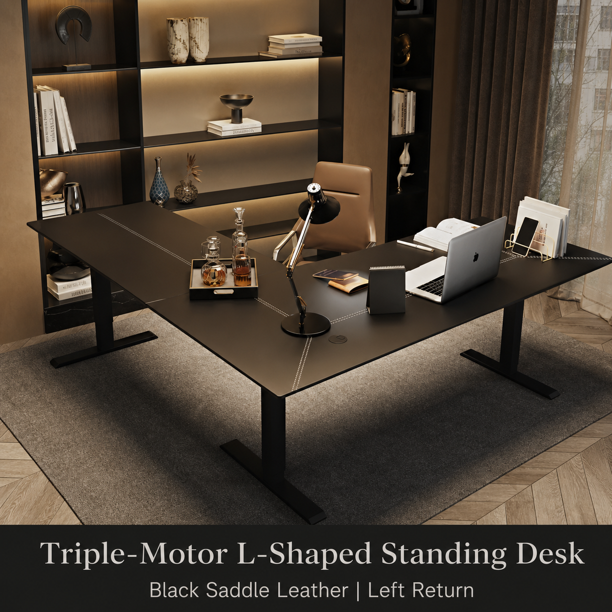 Triple-motor black saddle leather L-shaped standing desk with left return