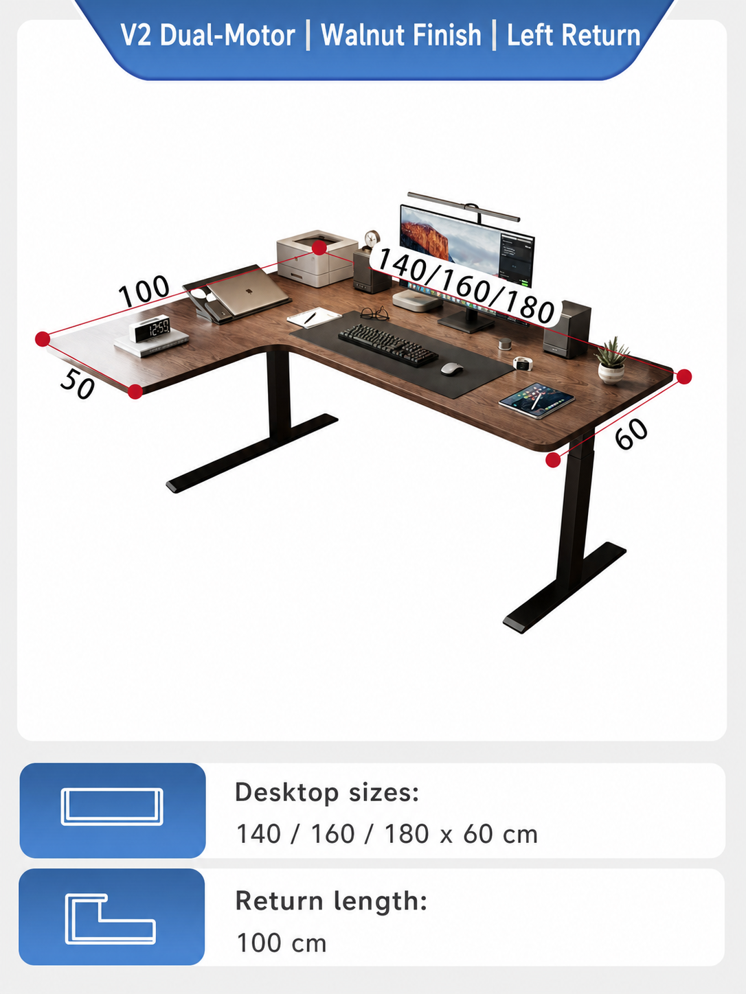 Walnut finish dual-motor L-shaped standing desk left return