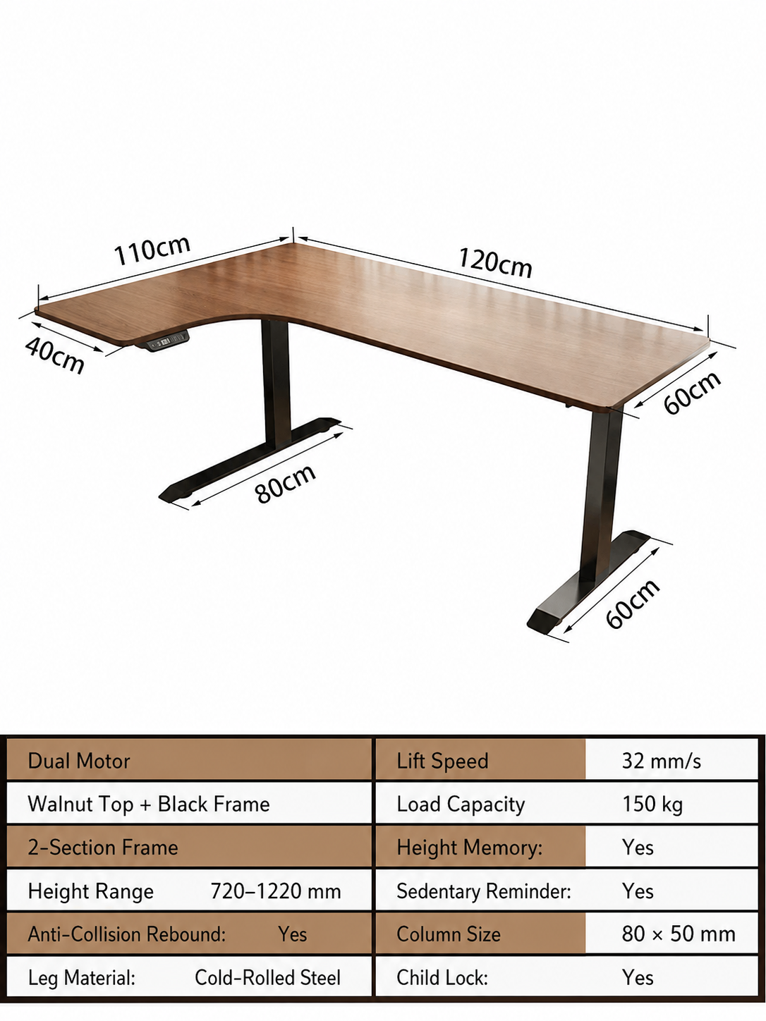 Electric L-Shaped Standing Desk with Left or Right Return - Walnut Top / 120 x 110 cm (47.2 x 43.3 in) / Left Return