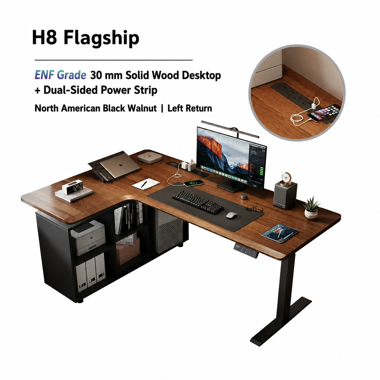 H8 flagship solid walnut L-shaped standing desk with six-cubby storage and left return