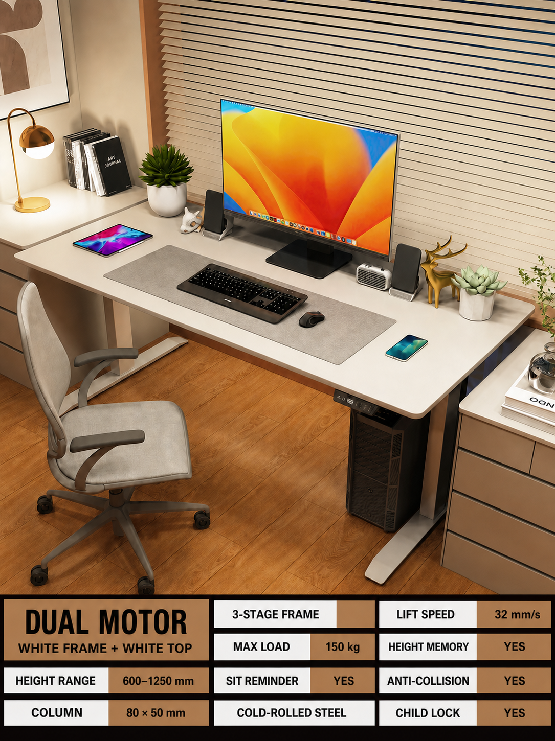 Modern Electric Standing Desk in Nine Sizes and Five Finishes - White Frame / White Top