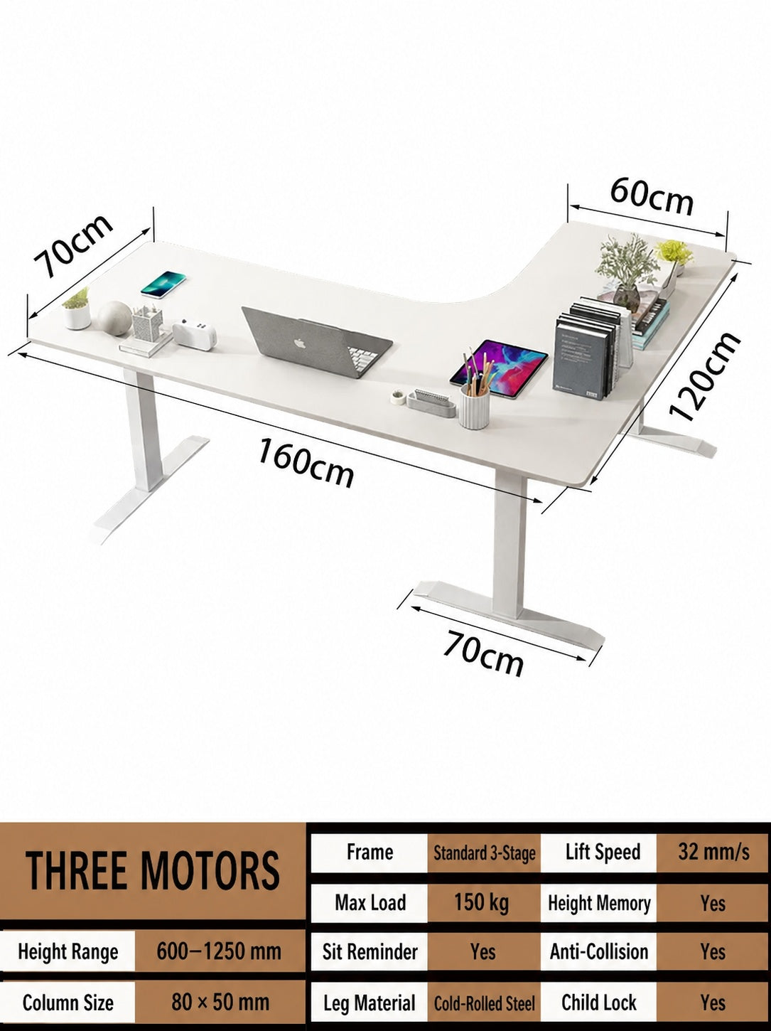 Three-Motor L-Shaped Electric Standing Desk with Left or Right Return - 160 x 120 cm (63.0 x 47.2 in) / Left Return / One-Piece Top