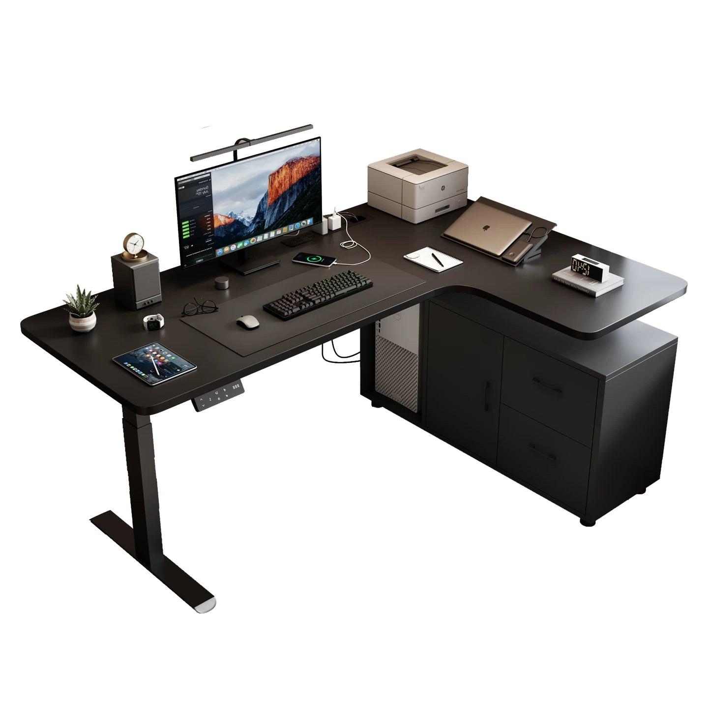 Deluxe solid wood standing desk with drawer cabinet right return
