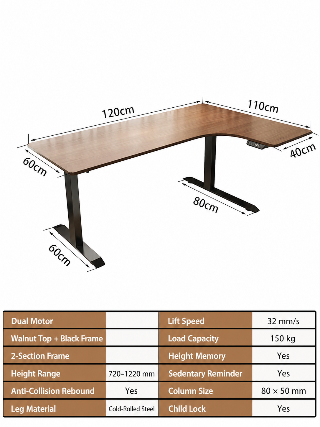 Electric L-Shaped Standing Desk with Left or Right Return - Walnut Top / 120 x 110 cm (47.2 x 43.3 in) / Right Return
