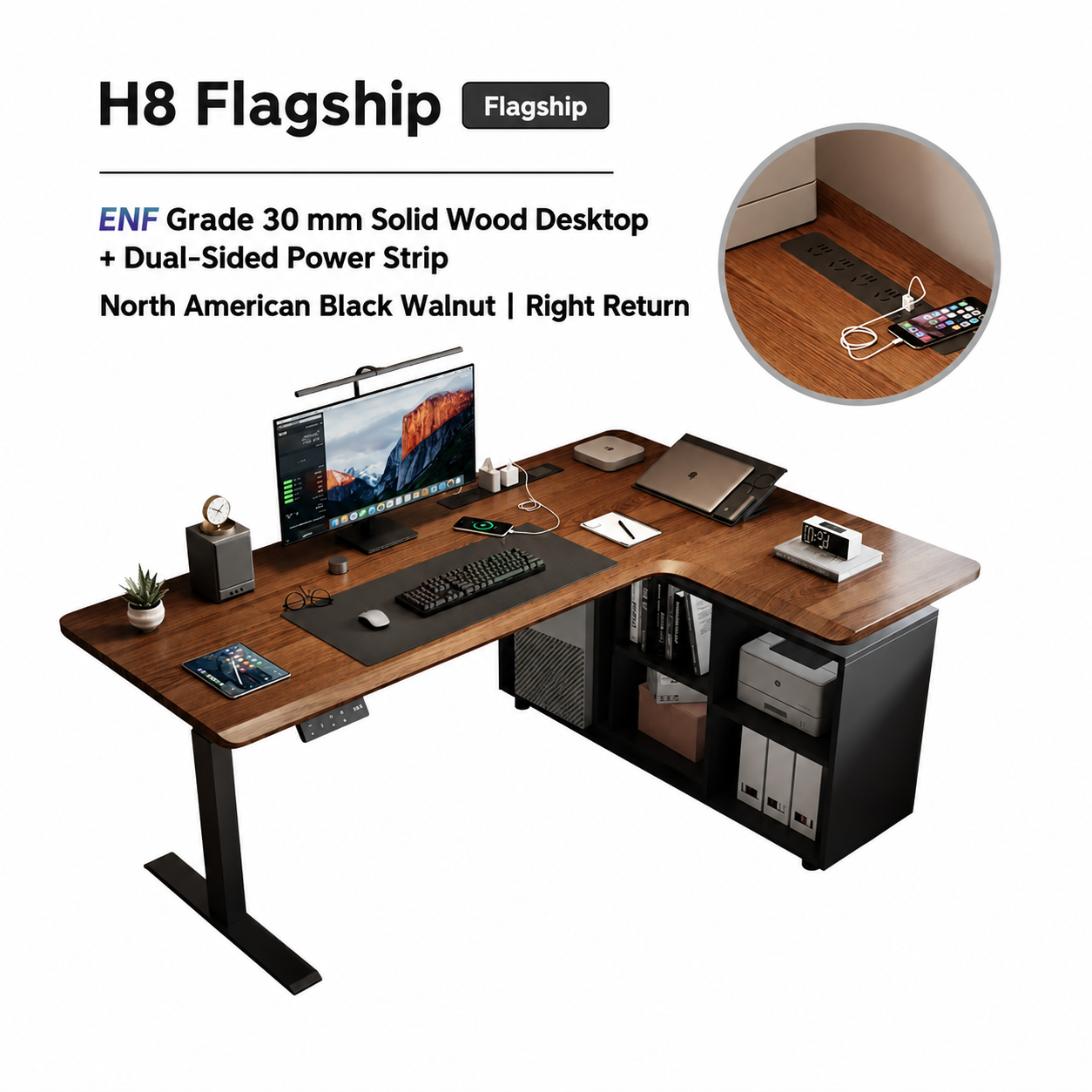 H8 flagship solid walnut L-shaped standing desk with six-cubby storage and right return