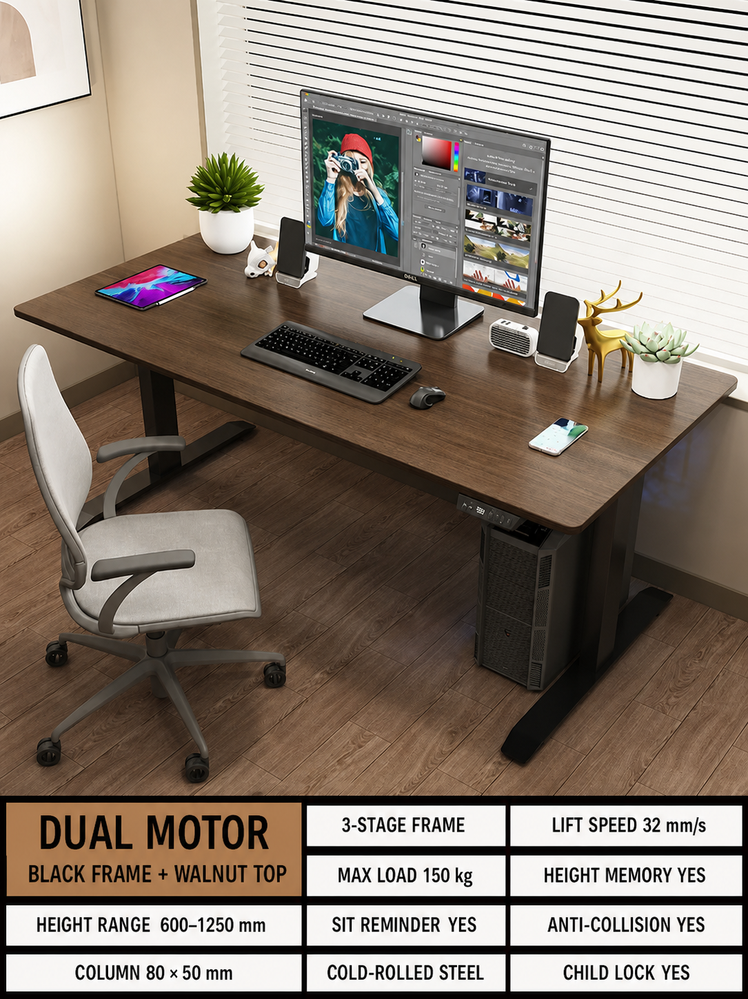 Modern Electric Standing Desk in Nine Sizes and Five Finishes - Black Frame / Walnut Top