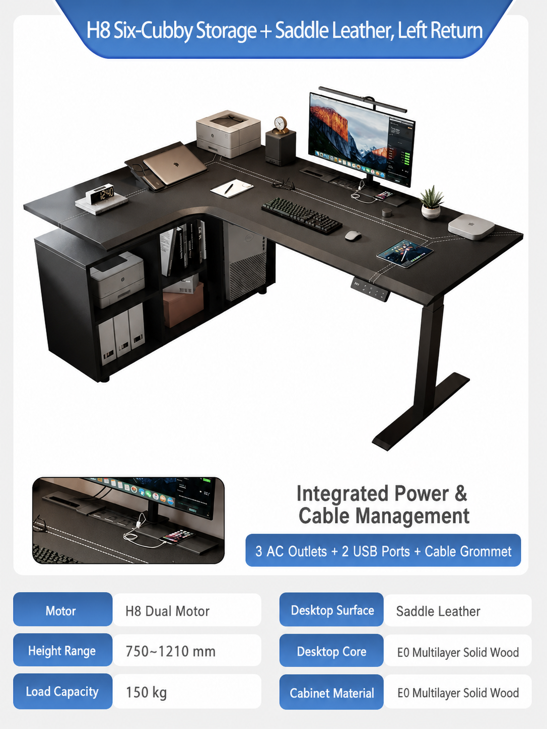 H8 storage saddle leather L-shaped standing desk left return