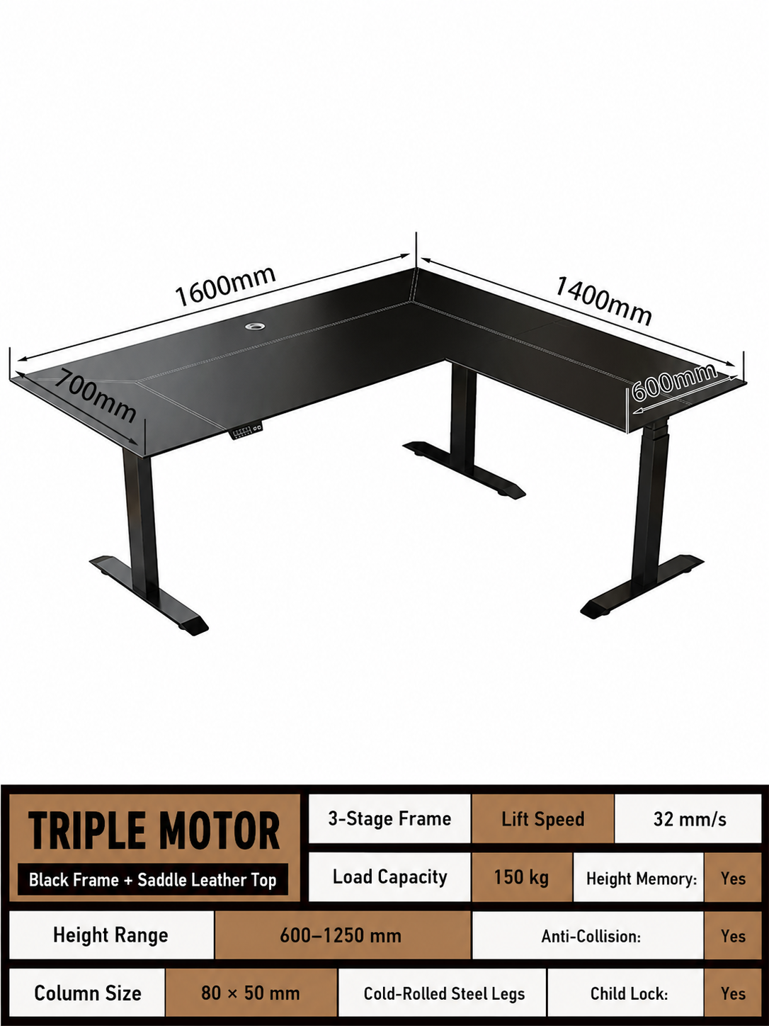 Right return 160 x 140 cm saddle leather L-shaped standing desk