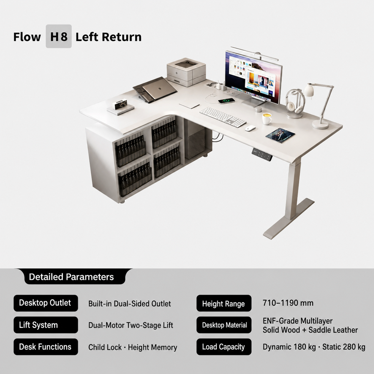 H8 six-cubby storage saddle leather L-shaped desk left return