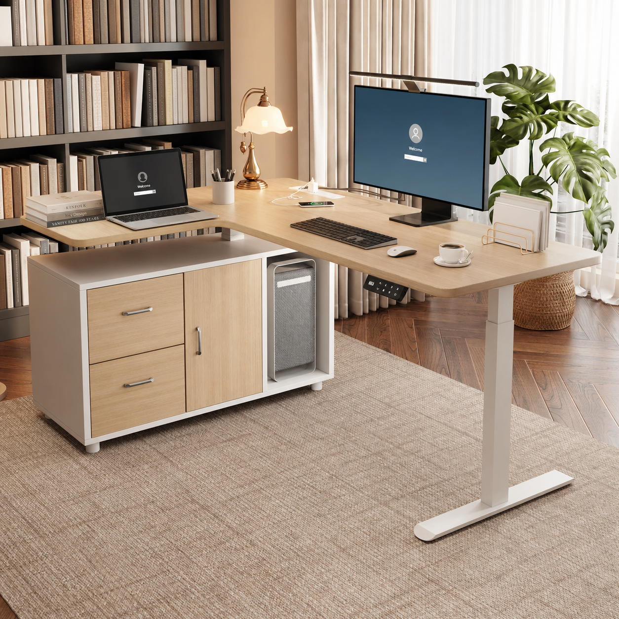 Flagship solid wood L-shaped standing desk with drawer storage and left return