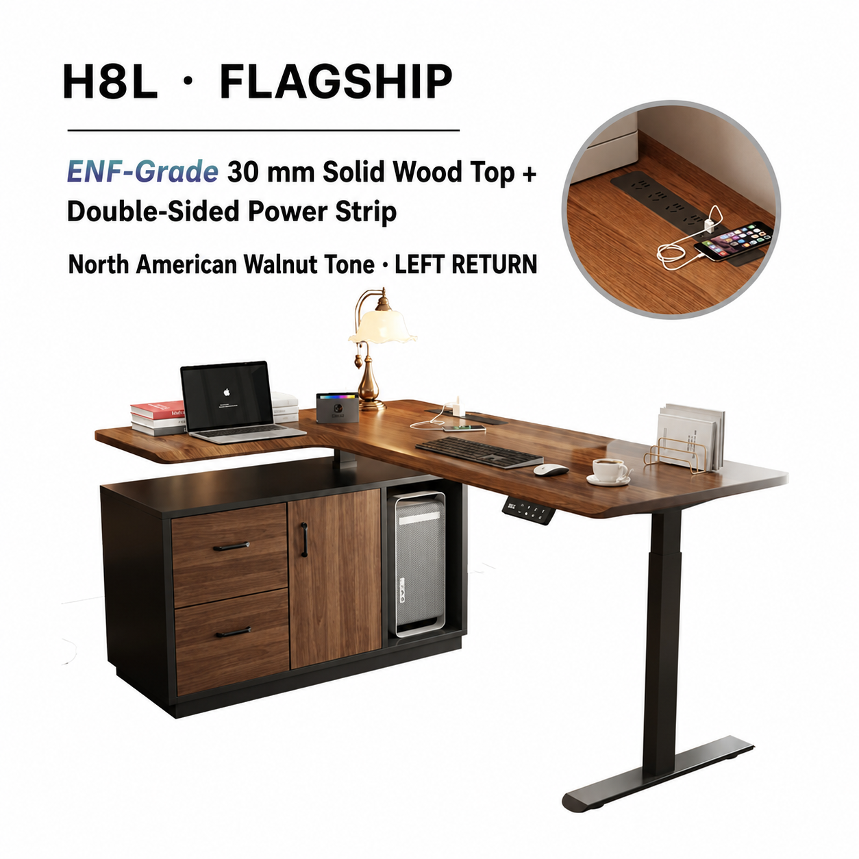 Flagship solid wood L-shaped standing desk with drawer and left return