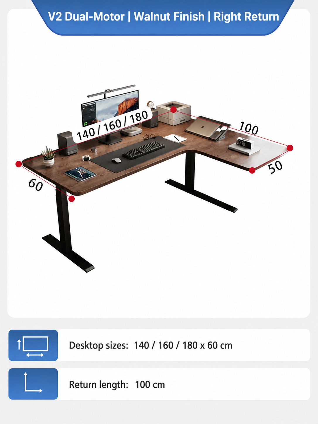Walnut finish dual-motor L-shaped standing desk right return