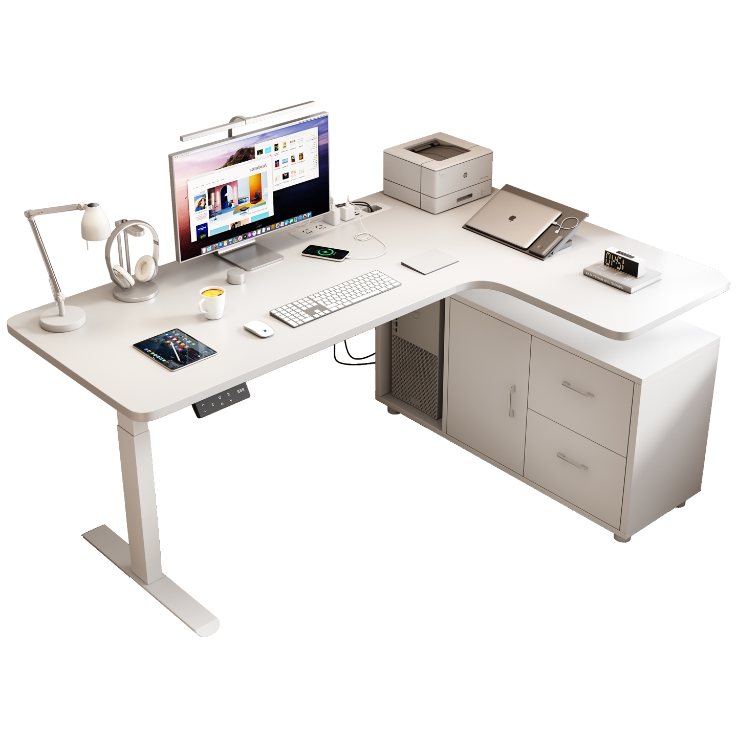 Solid wood desktop with right-return L-shaped standing desk