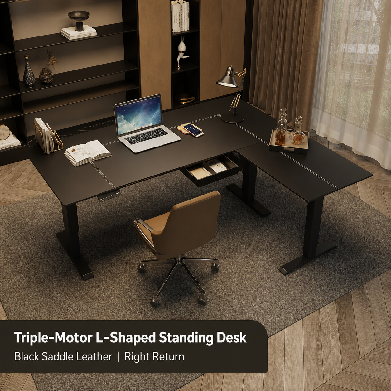 Triple-motor black saddle leather L-shaped standing desk with right return