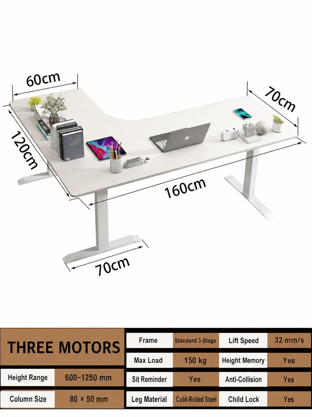 Three-Motor L-Shaped Electric Standing Desk with Left or Right Return - 160 x 120 cm (63.0 x 47.2 in) / Right Return / One-Piece Top