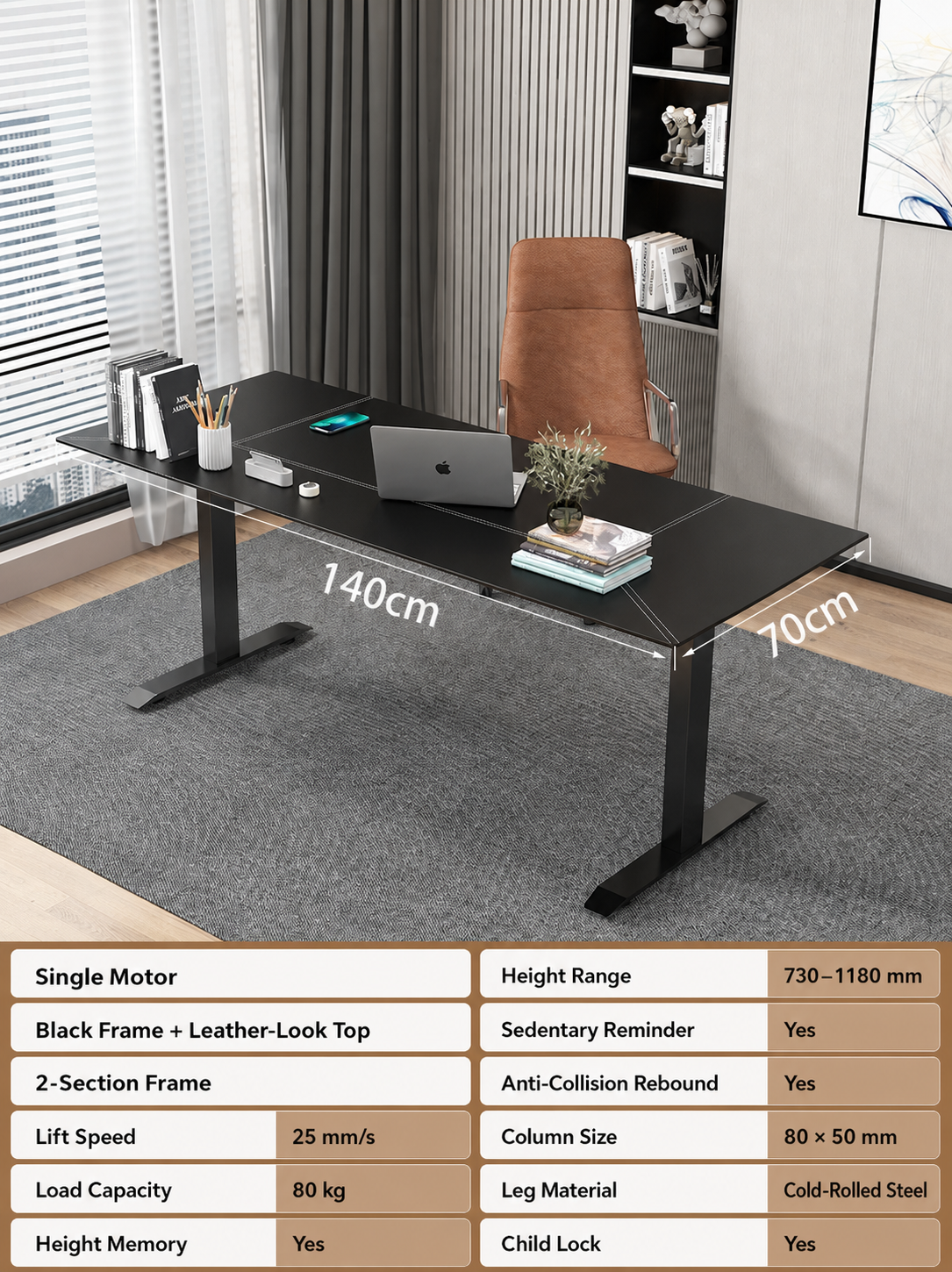 Black Leather-Look Electric Standing Desk in Nine Sizes - Single Motor / 140 x 70 cm (55.1 x 27.6 in)