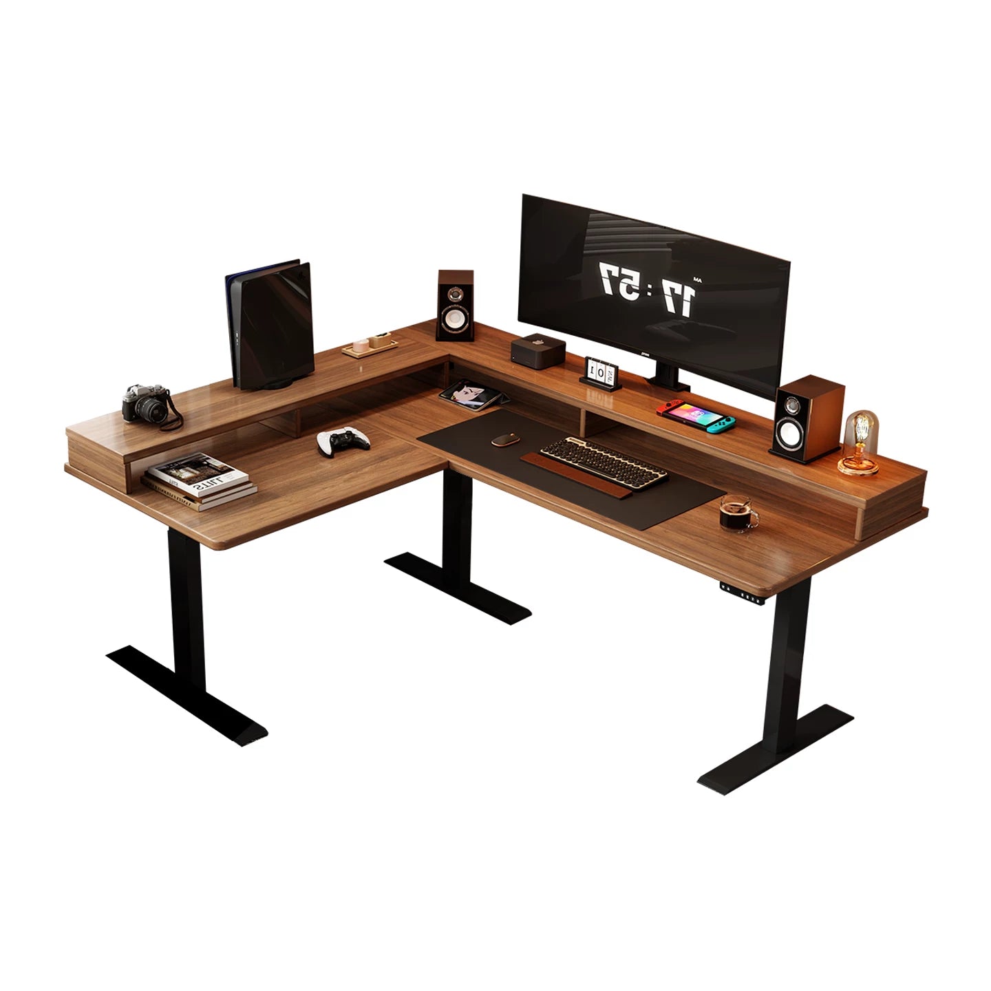 Walnut solid wood desk with shelf and power outlet left return