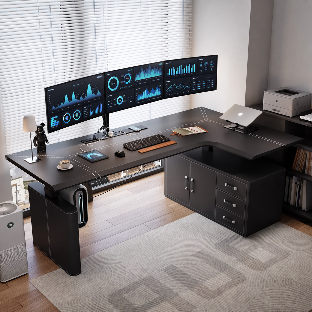 Elite black saddle leather desk with drawer cabinet right return