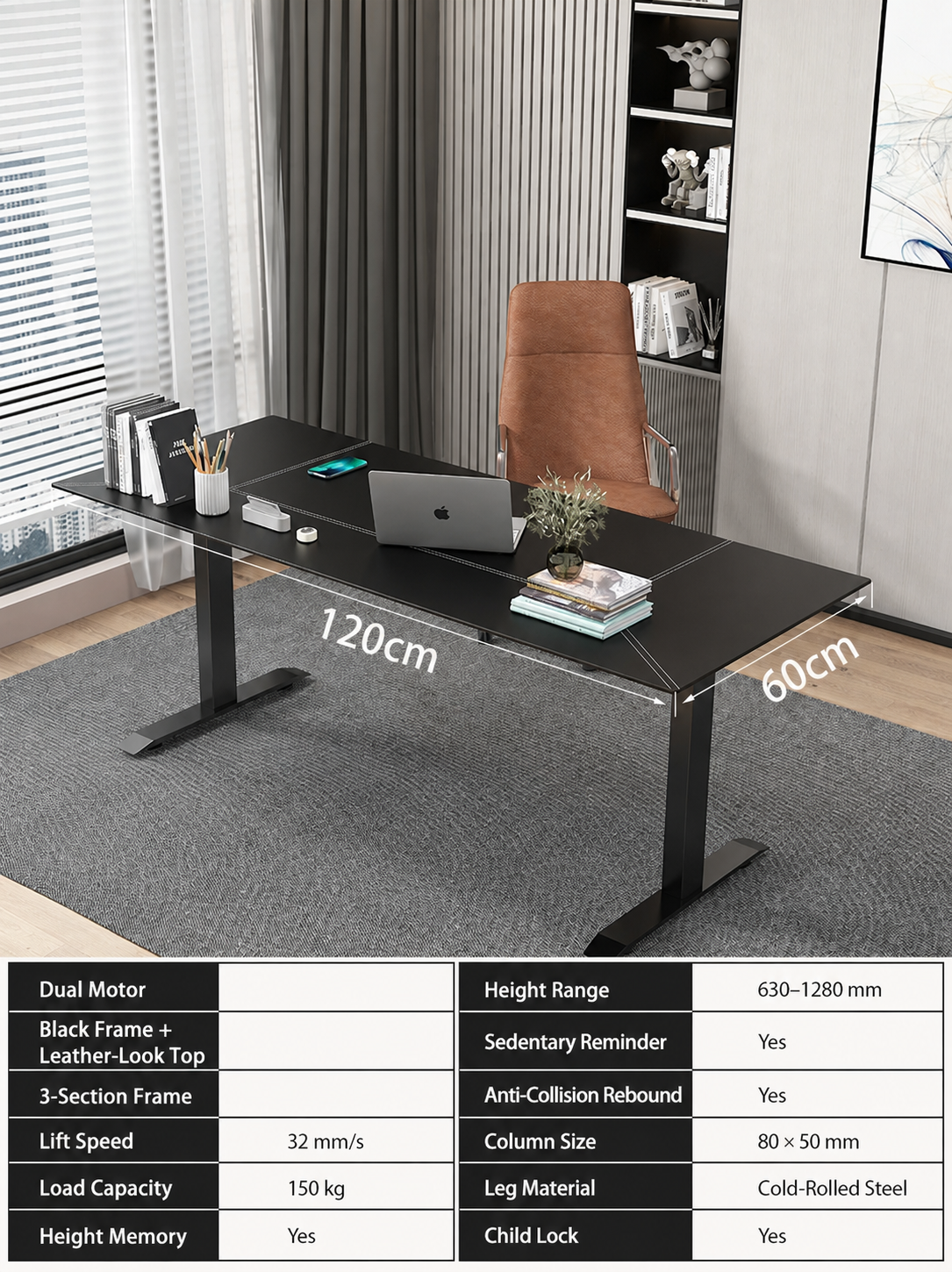 Black Leather-Look Electric Standing Desk in Nine Sizes - Dual Motor / 120 x 60 cm (47.2 x 23.6 in)