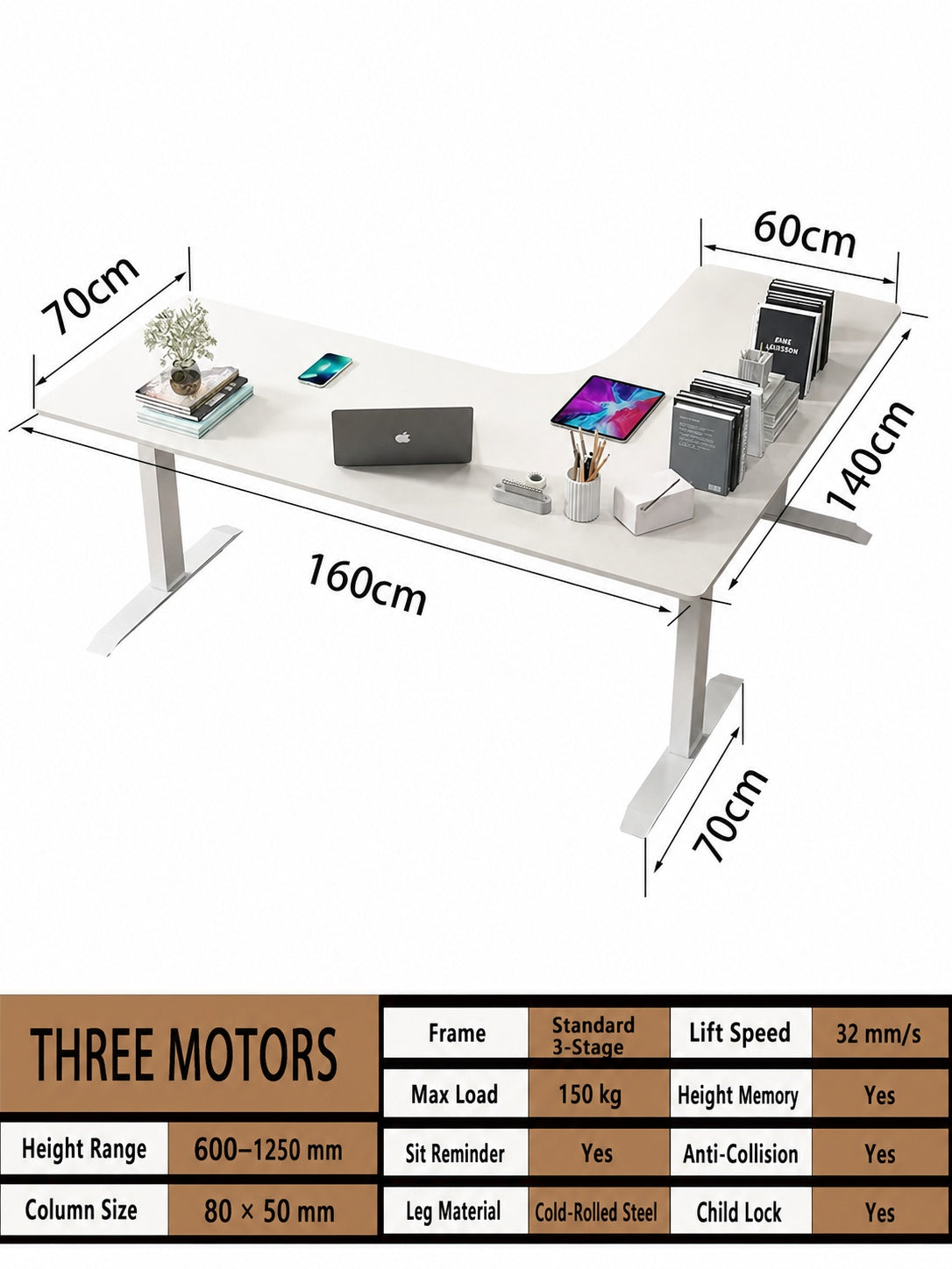 Three-Motor L-Shaped Electric Standing Desk with Left or Right Return - 160 x 140 cm (63.0 x 55.1 in) / Left Return / Joined Top