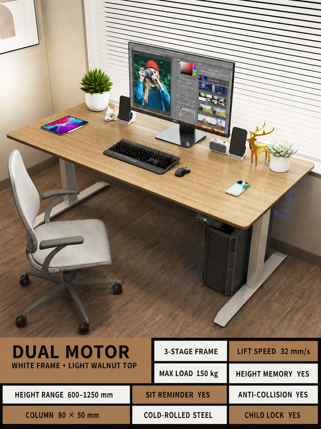 Modern Electric Standing Desk in Nine Sizes and Five Finishes - White Frame / Light Walnut Top