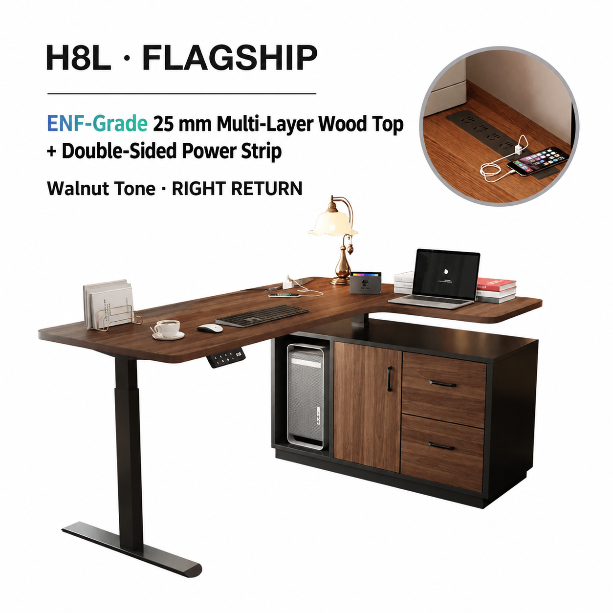 Flagship walnut-tone L-shaped standing desk with drawer and right return