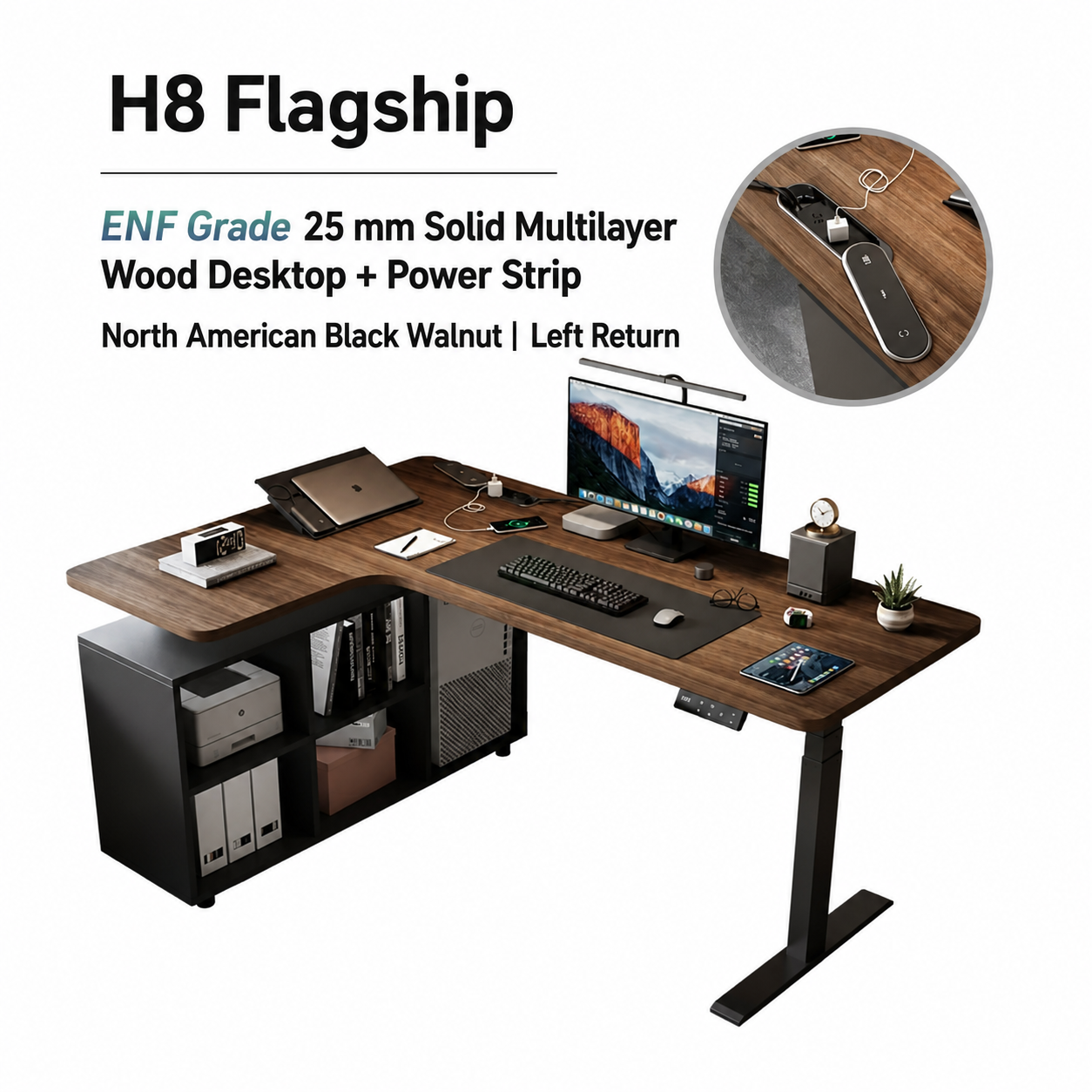 H8 flagship black walnut L-shaped standing desk with six-cubby storage and left return