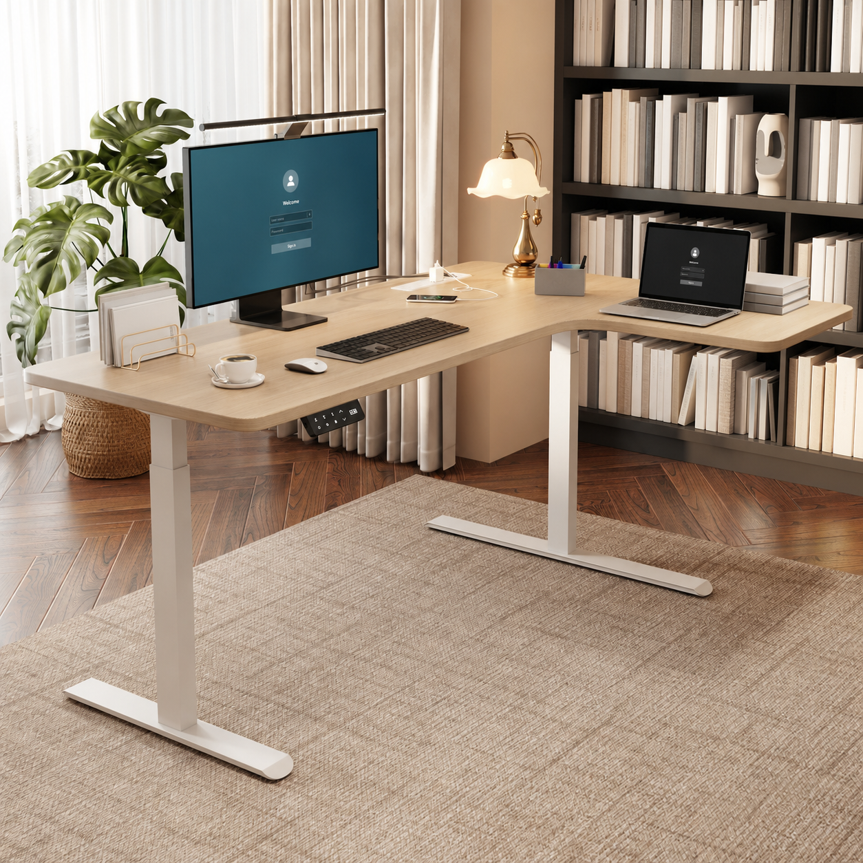 Standard solid wood L-shaped standing desk with right return