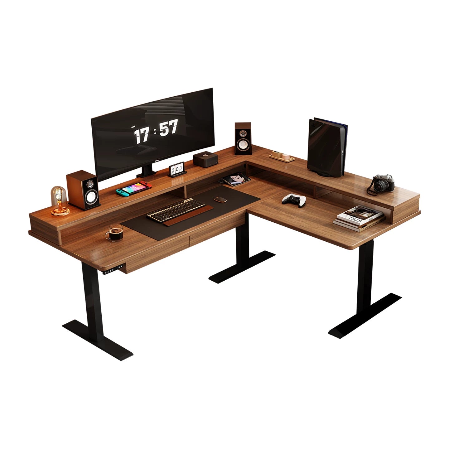 Walnut solid wood desk with shelf double drawers and power outlet right return