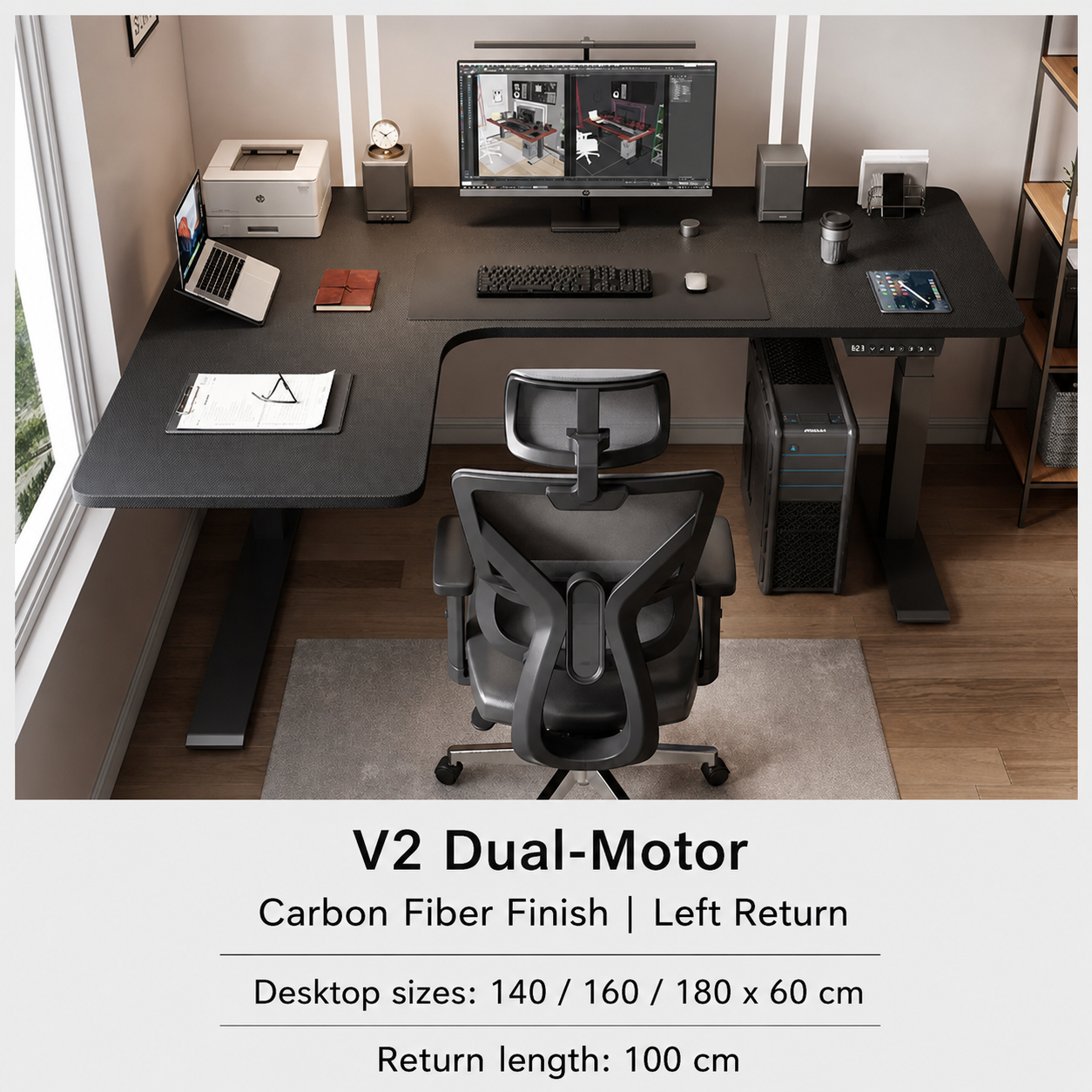 Carbon fiber finish dual-motor L-shaped standing desk left return