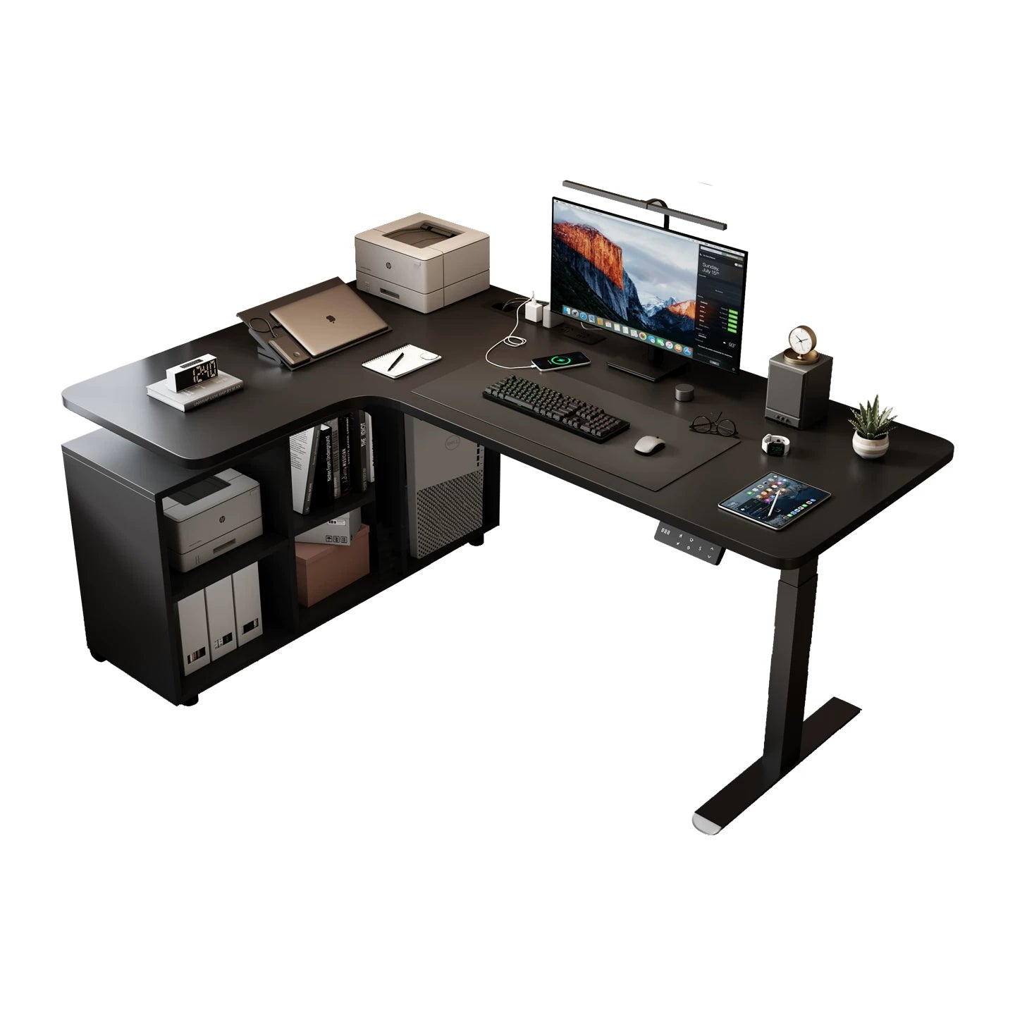 Flagship solid wood standing desk with six-cubby storage left return