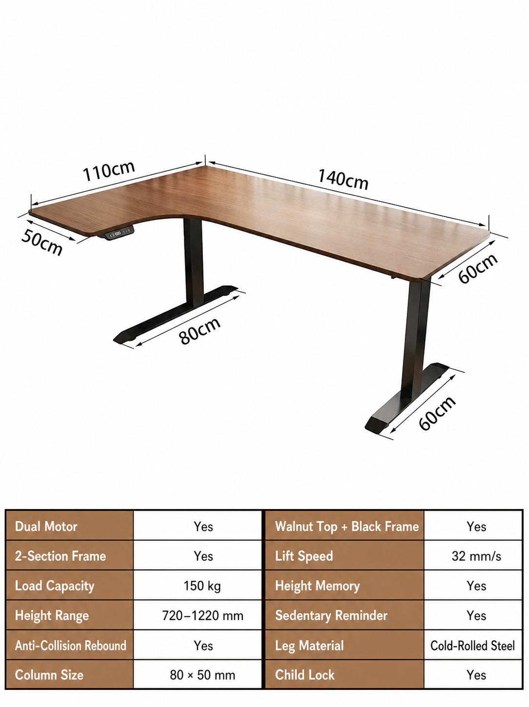 Electric L-Shaped Standing Desk with Left or Right Return - Walnut Top / 140 x 110 cm (55.1 x 43.3 in) / Left Return