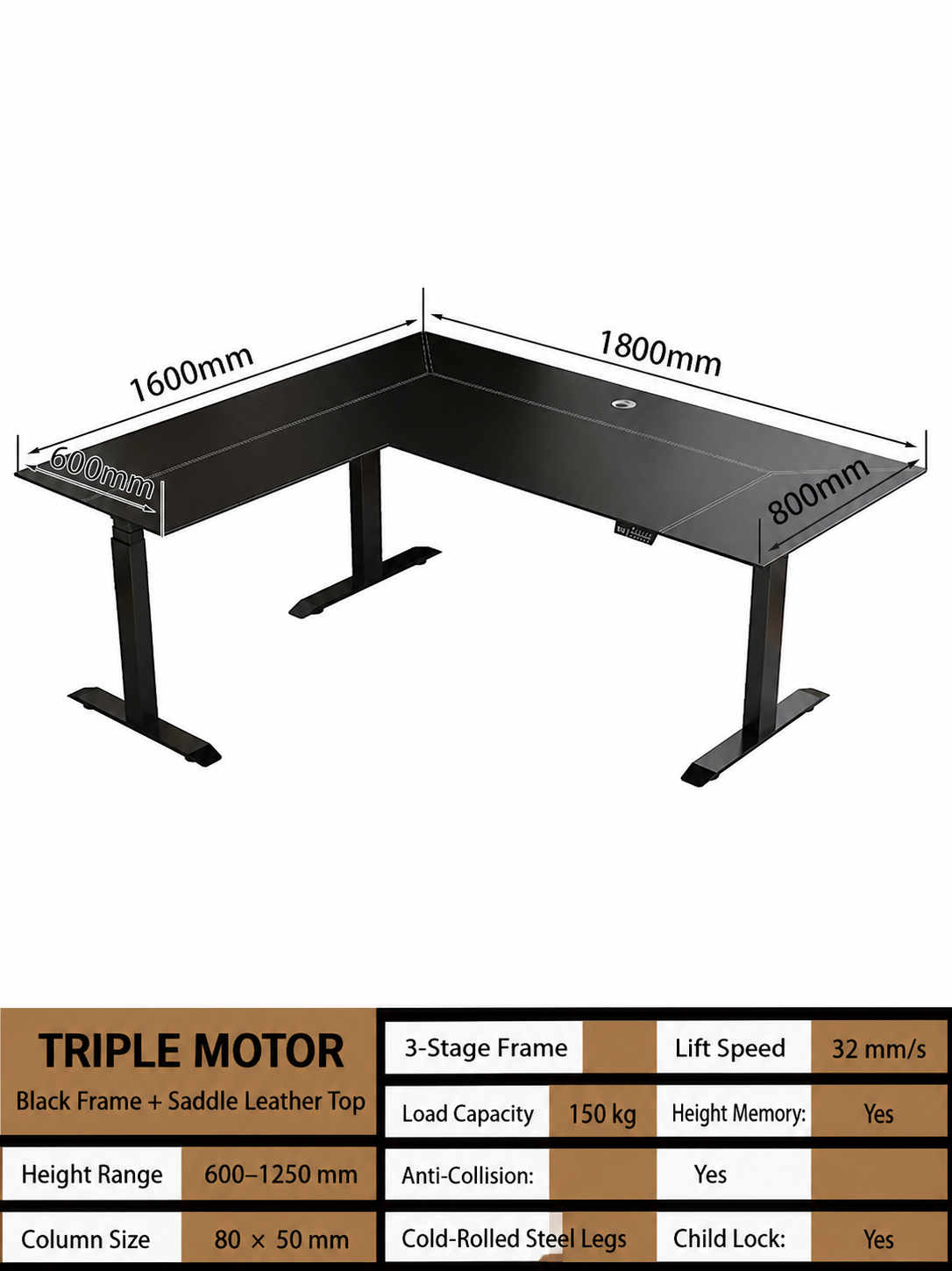 Left return 180 x 160 cm saddle leather L-shaped standing desk