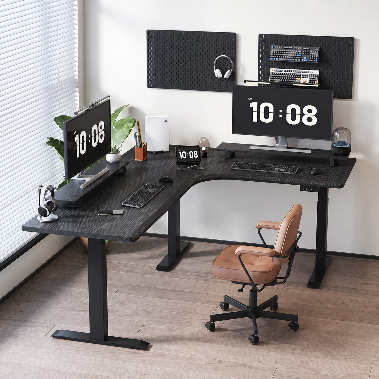 North American dark red oak 27 mm premium triple-motor L-shaped desk