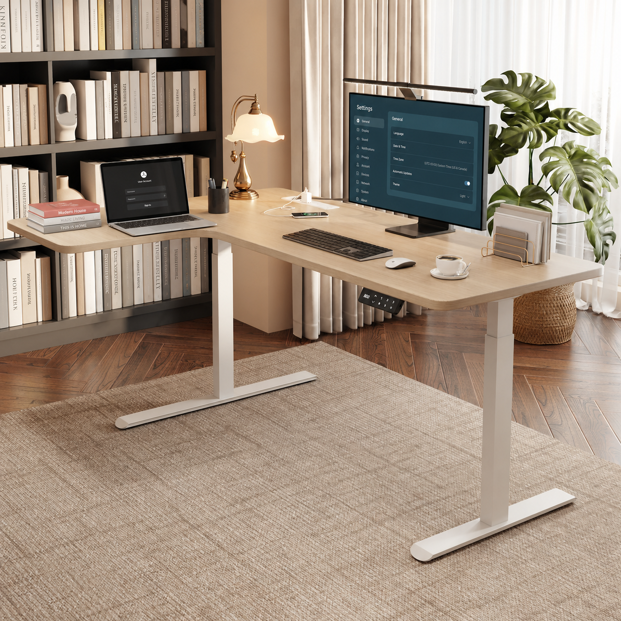 Standard solid wood L-shaped standing desk with left return