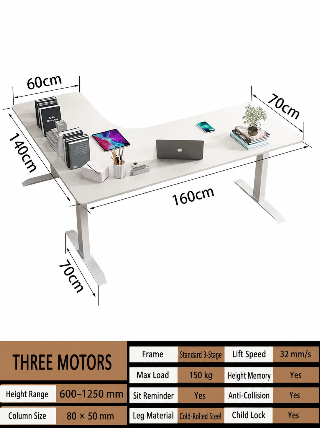 Three-Motor L-Shaped Electric Standing Desk with Left or Right Return - 160 x 140 cm (63.0 x 55.1 in) / Right Return / Joined Top