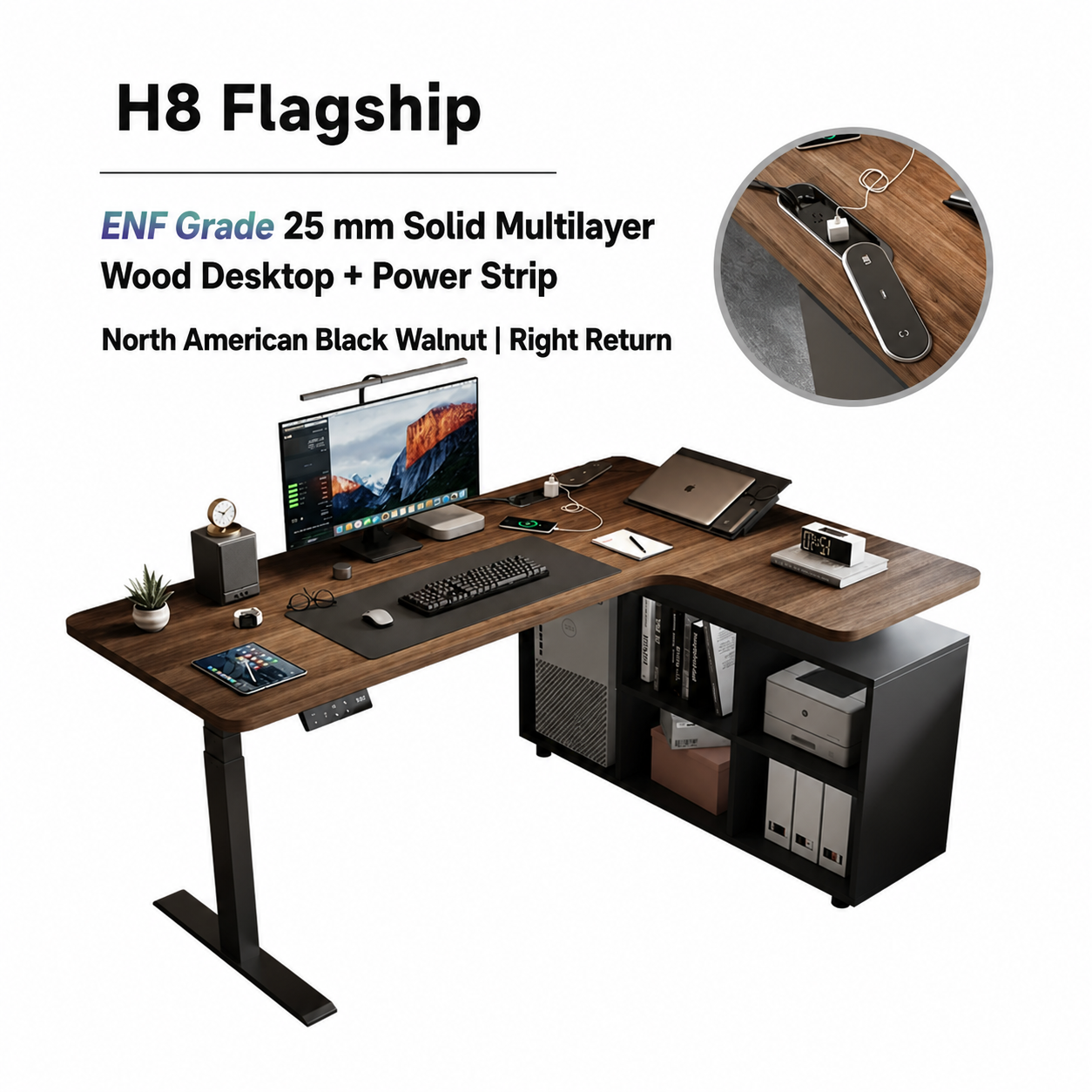 H8 flagship black walnut L-shaped standing desk with six-cubby storage and right return