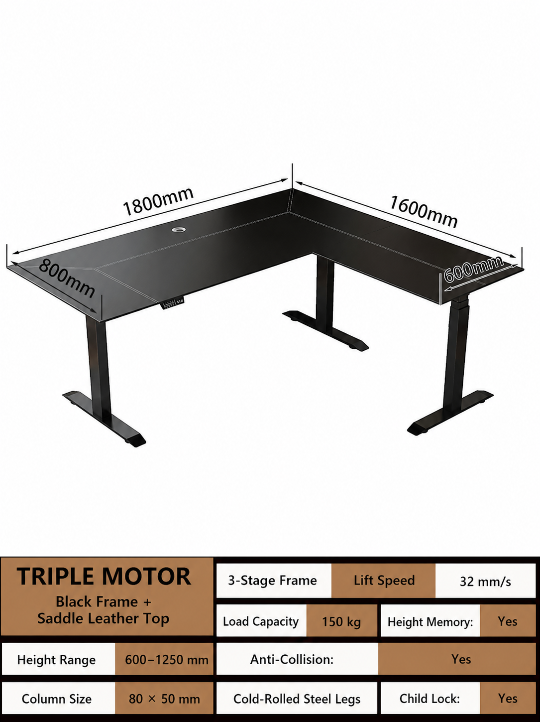 Right return 180 x 160 cm saddle leather L-shaped standing desk