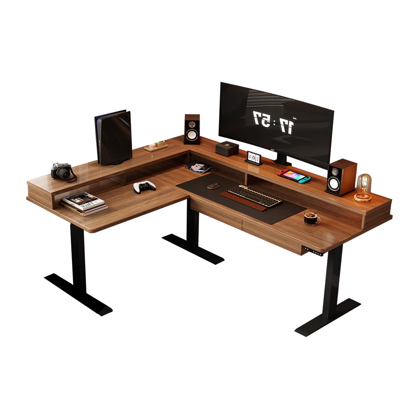 Walnut solid wood desk with shelf double drawers and power outlet left return