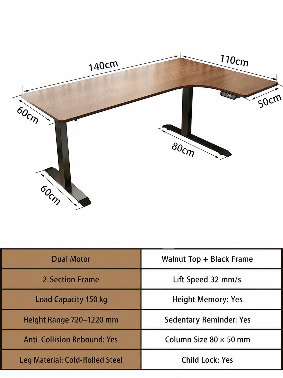 Electric L-Shaped Standing Desk with Left or Right Return - Walnut Top / 140 x 110 cm (55.1 x 43.3 in) / Right Return