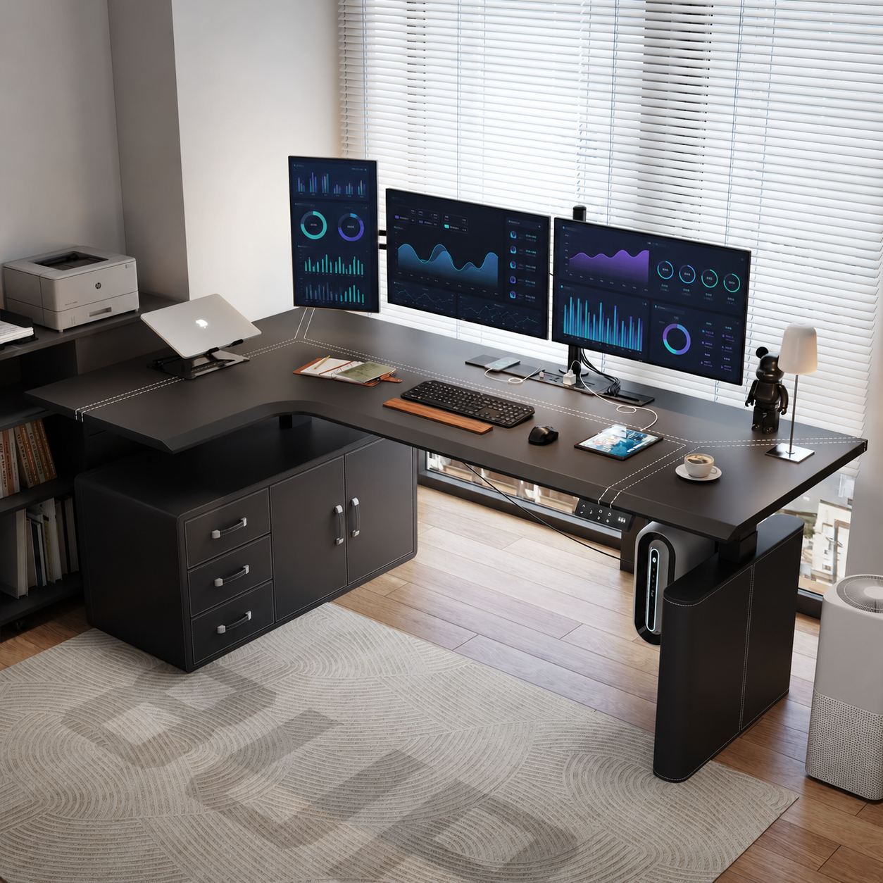 Elite black saddle leather desk with drawer cabinet left return