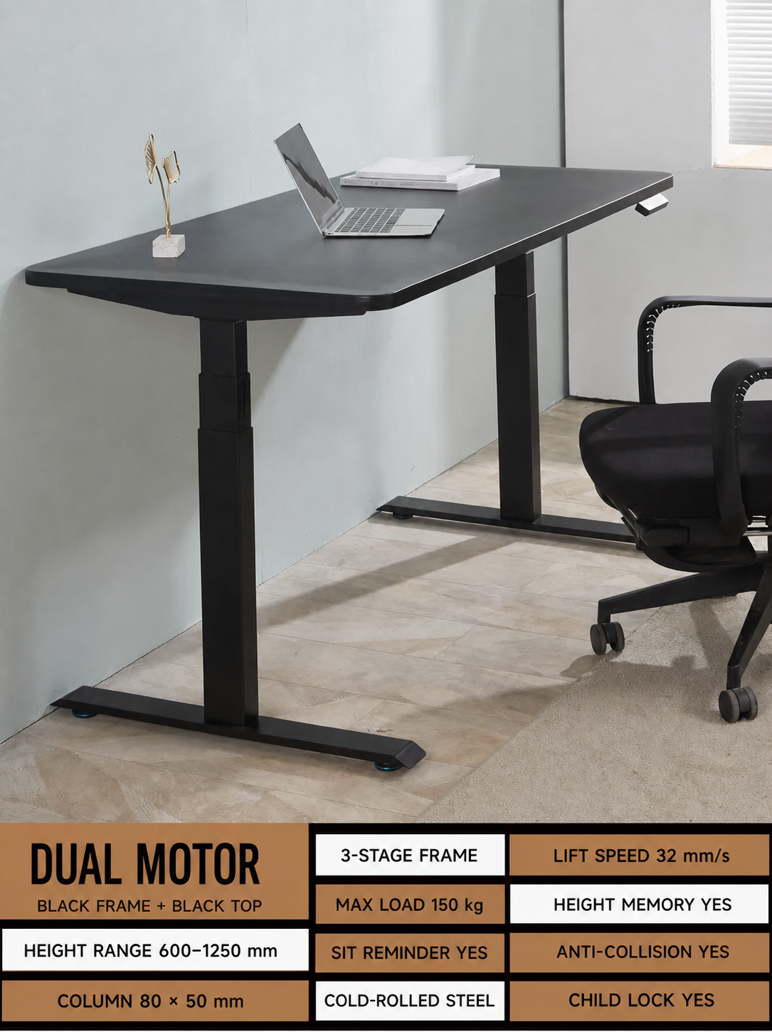 Modern Electric Standing Desk in Nine Sizes and Five Finishes - Black Frame / Black Top