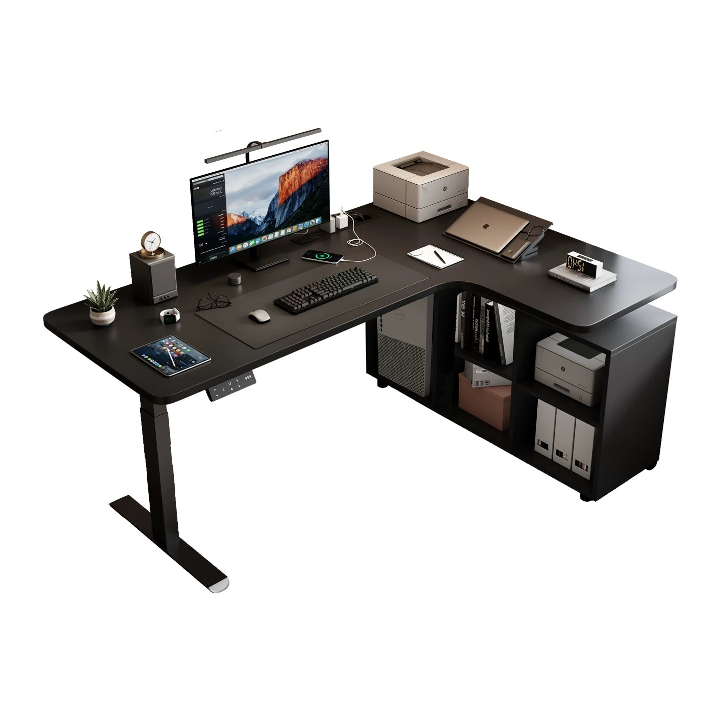 Flagship solid wood standing desk with six-cubby storage right return