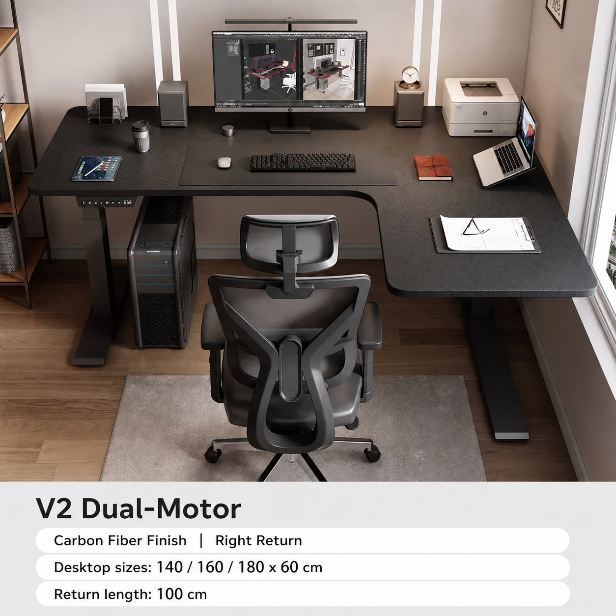 Carbon fiber finish dual-motor L-shaped standing desk right return