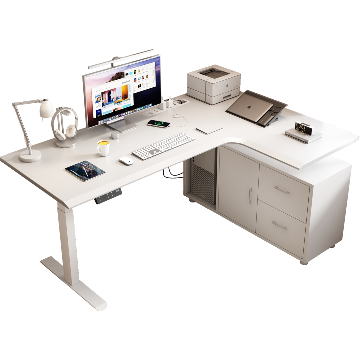 Saddle leather desktop with right-return L-shaped standing desk