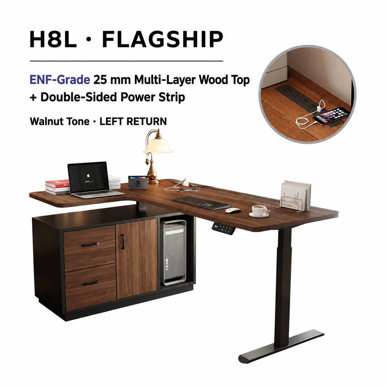 Flagship walnut-tone L-shaped standing desk with drawer and left return