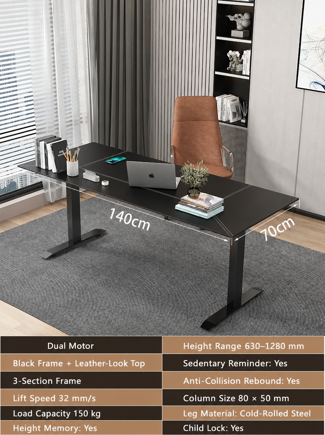 Black Leather-Look Electric Standing Desk in Nine Sizes - Dual Motor / 140 x 70 cm (55.1 x 27.6 in)