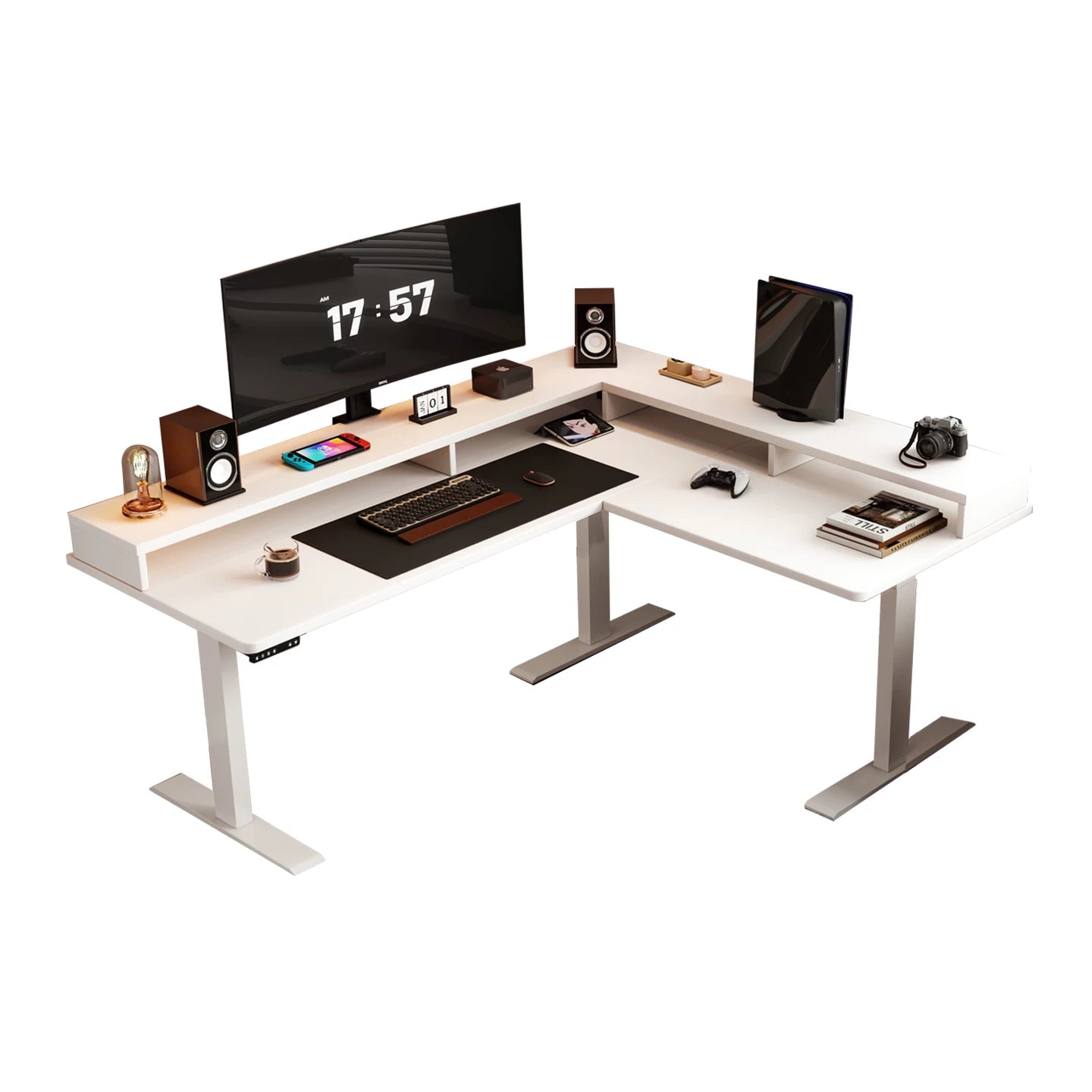 White solid wood desk with shelf and power outlet right return